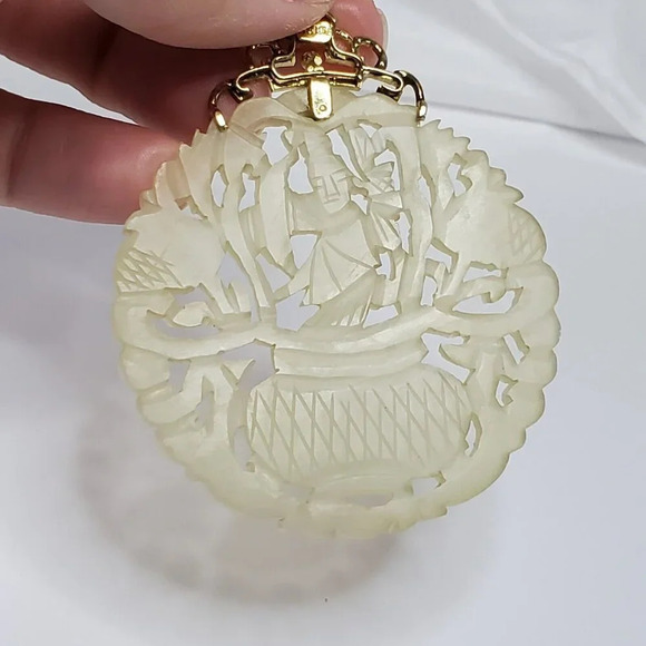 Honora 18k Yellow Gold Carved Chinese Jade Jadeite Pendant Amulet Vintage - Picture 8 of 14
